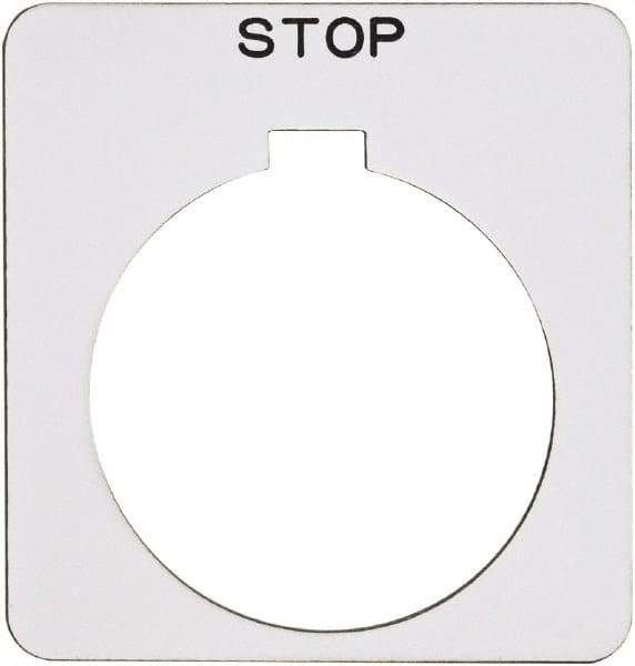 Schneider Electric - Square, Plastic Legend Plate - Stop - White Background, Black Letters, 1.22 Inch Hole Diameter, 1-3/4 Inch Square - Eagle Tool & Supply