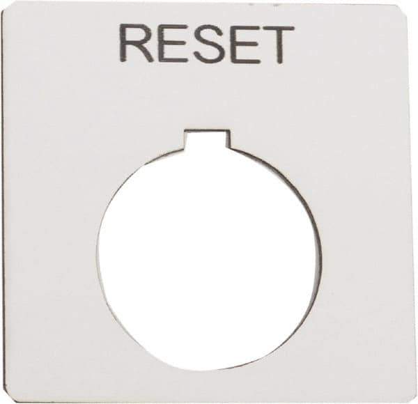 Schneider Electric - Square, Plastic Legend Plate - Reset - White Background, Black Letters, 1.2 Inch Hole Diameter, 2-1/4 Inch Square - Eagle Tool & Supply