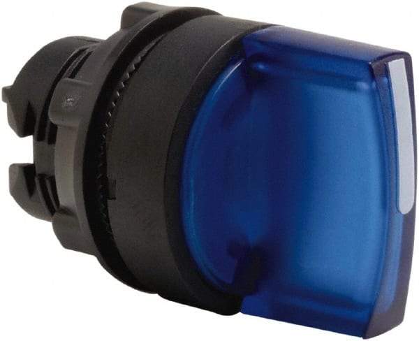 Schneider Electric - 22mm Mount Hole, 3 Position, Handle Operated, Selector Switch Only - Blue, Momentary (MO), Illuminated, Shock, Vibration and Water Resistant - Eagle Tool & Supply