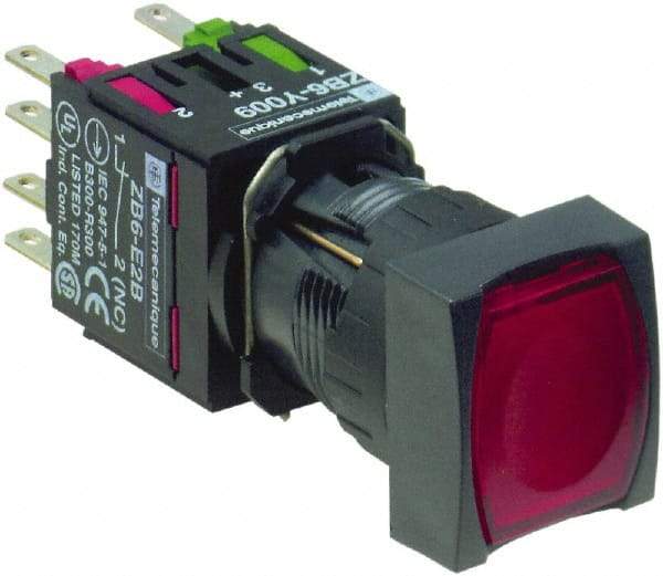 Schneider Electric - 16mm Mount Hole, Flush, Pushbutton Switch with Contact Block - Square, Red Pushbutton, Illuminated, Momentary (MO) - Eagle Tool & Supply