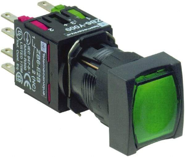 Schneider Electric - 16mm Mount Hole, Flush, Pushbutton Switch with Contact Block - Square, Green Pushbutton, Illuminated, Momentary (MO) - Eagle Tool & Supply