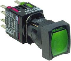 Schneider Electric - 16mm Mount Hole, Flush, Pushbutton Switch with Contact Block - Square, Green Pushbutton, Illuminated, Momentary (MO) - Eagle Tool & Supply