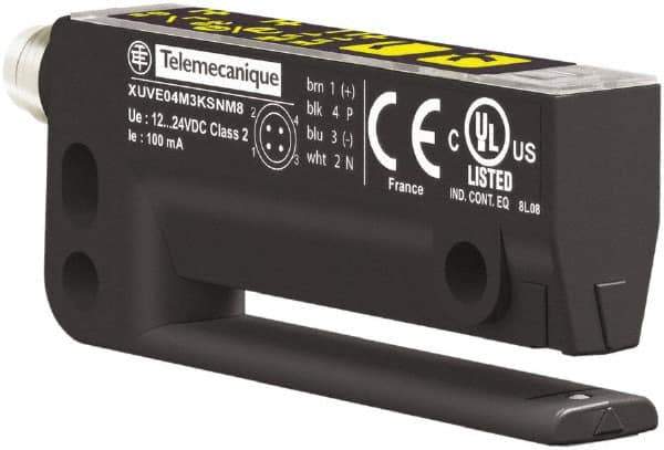 Telemecanique Sensors - 4 Pin M8 Connector, 3mm Nominal Distance, Shock and Vibration Resistant, Through Beam Photoelectric Sensor - 12 to 24 VDC, 10 kHz, Polyamide, 64mm Long x 10mm Wide x 25mm High - Eagle Tool & Supply