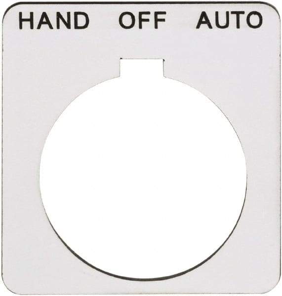 Schneider Electric - Square, Plastic Legend Plate - Hand-Off-Auto - White Background, Black Letters, 1.2 Inch Hole Diameter, 1-3/4 Inch Square - Eagle Tool & Supply