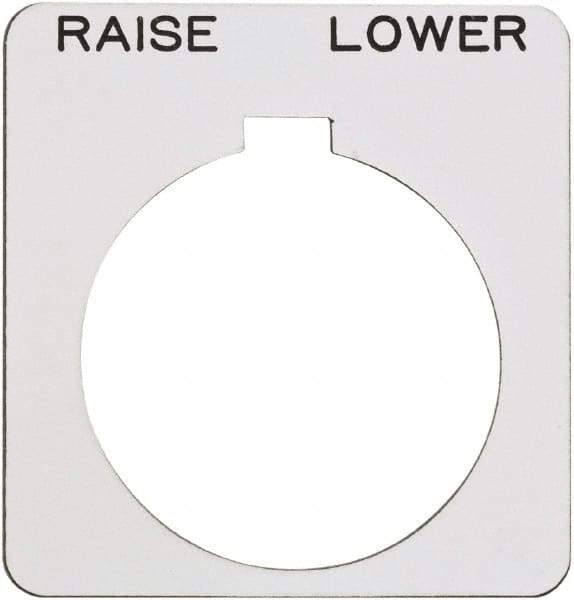 Schneider Electric - Square, Plastic Legend Plate - Raise-Lower - White Background, Black Letters, 1.22 Inch Hole Diameter, 1-3/4 Inch Square - Eagle Tool & Supply