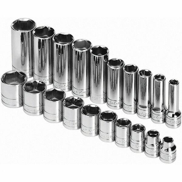 SK - 3/8" Drive Standard Deep Socket Set - 5/16 to 7/8", Inch Measurement Standard - Eagle Tool & Supply