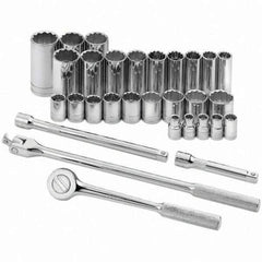 SK - 1/2" Drive Standard Deep Socket Set - 3/8 to 1-1/4", Inch Measurement Standard - Eagle Tool & Supply