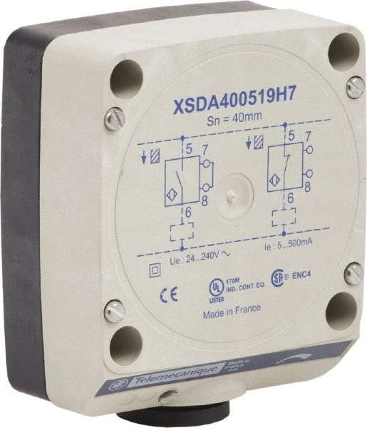 Telemecanique Sensors - NPN, PNP, NO/NC, 40mm Detection, Rectangular, Inductive Proximity Sensor - 2 Wires, IP67, 24 to 240 VAC, 80mm Wide - Eagle Tool & Supply