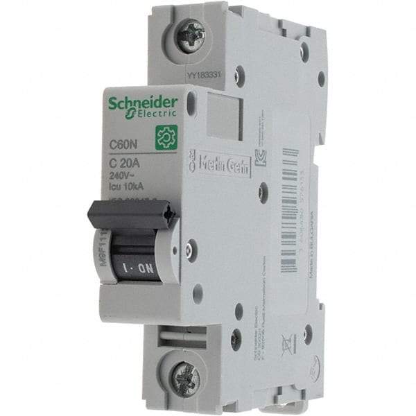 Schneider Electric - 20 Amp, 440 VAC, 1 Pole, DIN Rail Mounted Miniature Circuit Breaker - Magnetic Trip, Multiple Breaking Capacity Ratings, 18-4 AWG, 76mm Deep x 81mm High x 18mm Wide - Eagle Tool & Supply