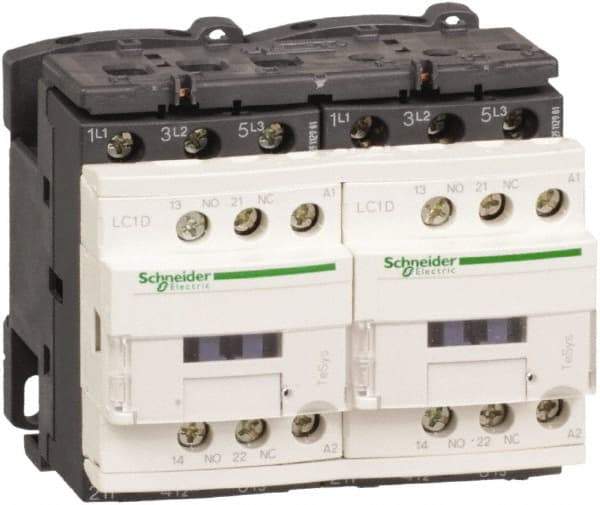 Schneider Electric - 3 Pole, 110 Coil VAC at 50/60 Hz, 12 Amp at 440 VAC, Reversible IEC Contactor - 1 Phase hp: 1 at 115 VAC, 2 at 230/240 VAC, 3 Phase hp: 10 at 575/600 VAC, 3 at 200/208 VAC, 3 at 230/240 VAC, 7.5 at 460/480 VAC - Eagle Tool & Supply