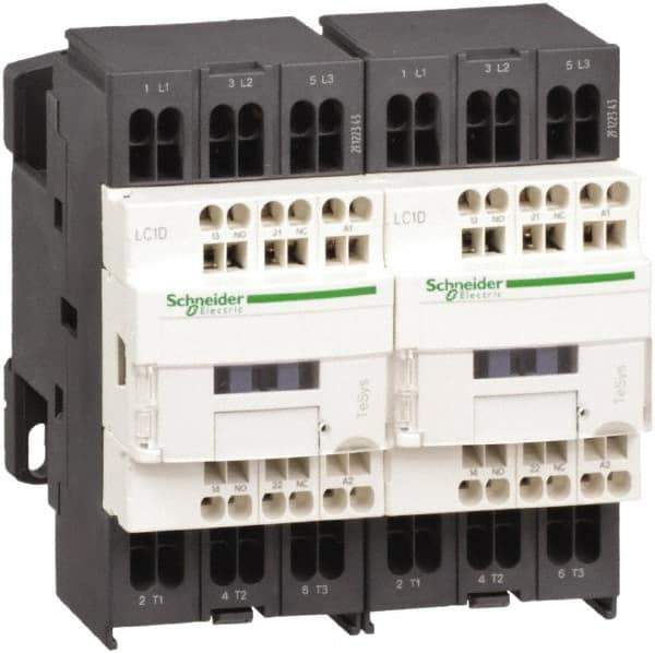 Schneider Electric - 3 Pole, 24 Coil VDC, 12 Amp at 440 VAC, Reversible IEC Contactor - 1 Phase hp: 1 at 115 VAC, 2 at 230/240 VAC, 3 Phase hp: 10 at 575/600 VAC, 3 at 200/208 VAC, 3 at 230/240 VAC, 7.5 at 460/480 VAC - Eagle Tool & Supply