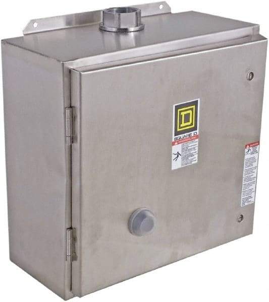 Square D - 110 Coil VAC at 50 Hz, 120 Coil VAC at 60 Hz, 27 Amp, NEMA Size 1, Reversible Enclosed Enclosure NEMA Motor Starter - 3 Phase hp: 10 at 460 VAC, 10 at 575 VAC, 7-1/2 at 200 VAC, 7-1/2 at 230 VAC, 4x Enclosure Rating - Eagle Tool & Supply