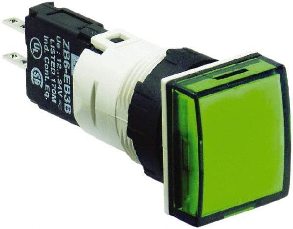 Schneider Electric - 12-24 VAC/VDC Green Lens LED Pilot Light - Square Lens, Quick Connect Connector, 18mm Wide, Vibration Resistant - Eagle Tool & Supply