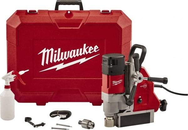 Milwaukee Tool - 1-5/8" Chuck, 5.125" Travel, Portable Electromagnetic Drill Press - 470-730 RPM, 13 Amps, 2.3 hp, 1750 Watts - Eagle Tool & Supply