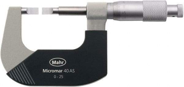 Mahr - 0" to 1" Mechanical Satin Chrome Coated Blade Micrometer - 0.0001" Graduation, 0.031" Blade Thickness, Ratchet Thimble, Rotating Spindle - Eagle Tool & Supply