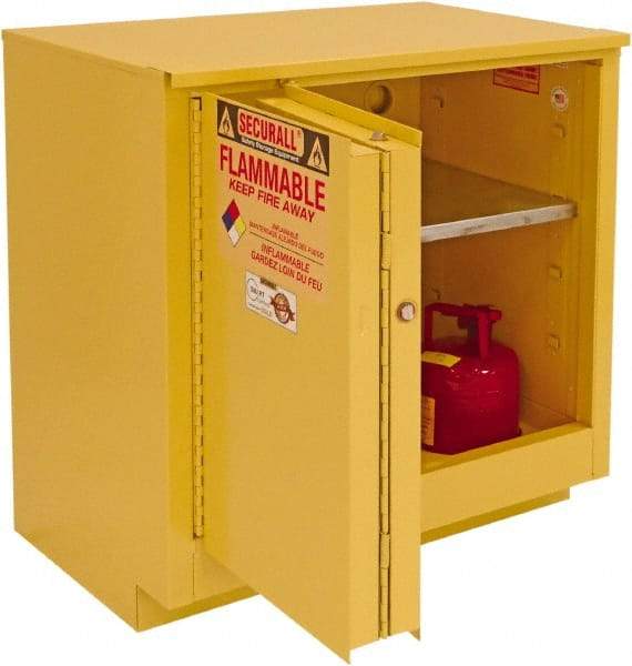 Securall Cabinets - 2 Door, 1 Shelf, Yellow Steel Under the Counter Safety Cabinet for Flammable and Combustible Liquids - 35-5/8" High x 35" Wide x 22" Deep, Sliding Door, 3 Point Key Lock, 24 Gal Capacity - Eagle Tool & Supply