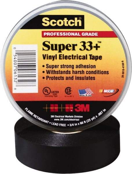 3M - 1-1/2" x 44', Black Vinyl Electrical Tape - Series 33, 7 mil Thick, Over 1000 V/mil Dielectric Strength, 17 Lb./Inch Tensile Strength - Eagle Tool & Supply