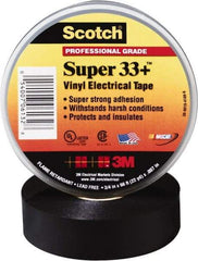 3M - 1" x 110', Black Vinyl Electrical Tape - Series 33+, 7 mil Thick, 1,150 V/mil Dielectric Strength, 15 Lb./Inch Tensile Strength - Eagle Tool & Supply