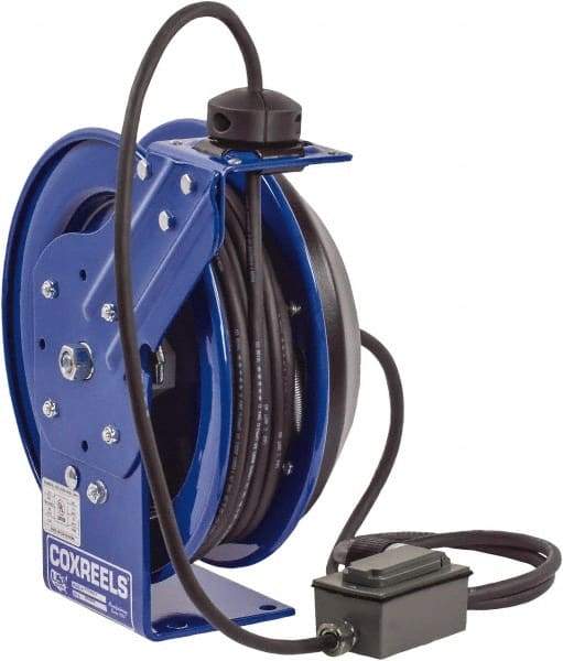 CoxReels - 12 AWG, 50' Cable Length, Cord & Cable Reel with Duplex GFCI Outlet Box End - 2 Outlets, NEMA 5-20R, 20 Amps, 115 Volts, SJO Cable, Blue Reel, Spring Driven Reel - Eagle Tool & Supply