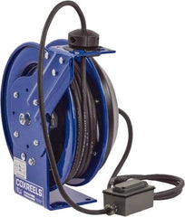 CoxReels - 16 AWG, 35' Cable Length, Cord & Cable Reel with Duplex GFCI Outlet Box End - 2 Outlets, NEMA 5-15R, 13 Amps, 115 Volts, SJO Cable, Blue Reel, Spring Driven Reel - Eagle Tool & Supply