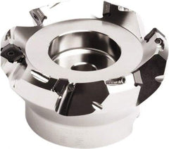 Seco - 90mm Cut Diam, 27mm Arbor Hole, 4.5mm Max Depth of Cut, 45° Indexable Chamfer & Angle Face Mill - 8 Inserts, SE.. 09T3 Insert, Right Hand Cut, 8 Flutes, Through Coolant, Series QuattroMill - Eagle Tool & Supply