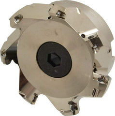 Seco - 3.94" Cut Diam, 1-1/2" Arbor Hole, 0.236" Max Depth of Cut, 45° Indexable Chamfer & Angle Face Mill - 7 Inserts, SE.X 1204 Insert, Right Hand Cut, 7 Flutes, Through Coolant, Series R220.53 - Eagle Tool & Supply