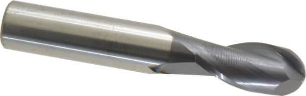 SGS - 1/2" Diam, 1" LOC, 2 Flute Solid Carbide Ball End Mill - AlTiN Finish, Single End, 3" OAL, 1/2" Shank Diam, Spiral Flute - Eagle Tool & Supply