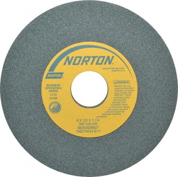 Norton - 6" Diam x 1-1/4" Hole x 1/2" Thick, I Hardness, 100 Grit Surface Grinding Wheel - Silicon Carbide, Type 1, Fine Grade, 4,140 Max RPM, Vitrified Bond, No Recess - Eagle Tool & Supply