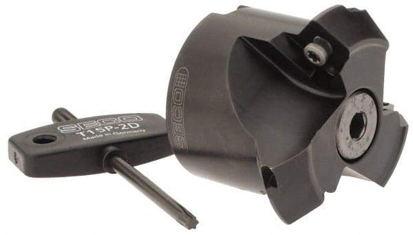 Seco - 2.05" Cut Diam, 3/4" Arbor Hole, 0.28" Max Depth of Cut, 45° Indexable Chamfer & Angle Face Mill - 3 Inserts, SPMX 12T3 Insert, Right Hand Cut, 3 Flutes, Series R220.69 - Eagle Tool & Supply