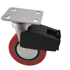 E.R. Wagner - 4" Diam x 2" Wide x 5-5/8" OAH Top Plate Mount Swivel Caster with Brake - Polyurethane, 600 Lb Capacity, Roller Bearing, 2-3/4 x 3-3/4" Plate - Eagle Tool & Supply