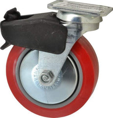 E.R. Wagner - 6" Diam x 2" Wide x 7-1/2" OAH Top Plate Mount Swivel Caster with Brake - Polyurethane, 700 Lb Capacity, Roller Bearing, 2-3/4 x 3-3/4" Plate - Eagle Tool & Supply