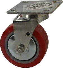 E.R. Wagner - 5" Diam x 2" Wide x 6-1/2" OAH Top Plate Mount Swivel Caster - Polyurethane, 650 Lb Capacity, Roller Bearing, 4 x 4-1/2" Plate - Eagle Tool & Supply