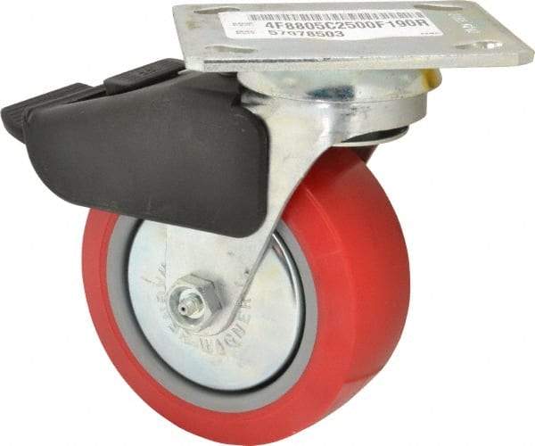 E.R. Wagner - 5" Diam x 2" Wide x 6-1/2" OAH Top Plate Mount Swivel Caster with Brake - Polyurethane, 650 Lb Capacity, Roller Bearing, 4 x 4-1/2" Plate - Eagle Tool & Supply