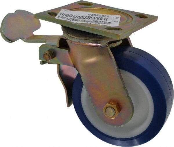 E.R. Wagner - 5" Diam x 2" Wide x 6-1/2" OAH Top Plate Mount Swivel Caster with Brake - Polyurethane, 750 Lb Capacity, Delrin Bearing, 4 x 4-1/2" Plate - Eagle Tool & Supply