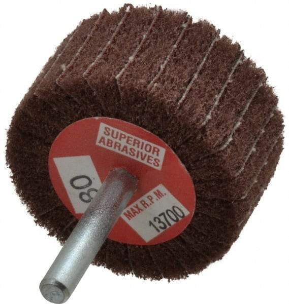 Superior Abrasives - 2" Diam x 1" Face Width, Medium Aluminum Oxide Coated Mounted Flap Wheel - 1/4" Shank Mount, 80 Grit, Interleaf, 12,000 Max RPM - Eagle Tool & Supply