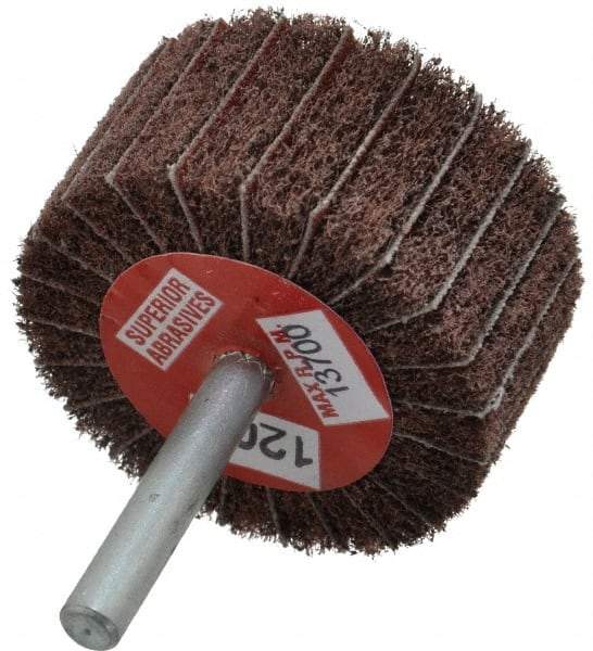 Superior Abrasives - 2" Diam x 1" Face Width, Fine Aluminum Oxide Coated Mounted Flap Wheel - 1/4" Shank Mount, 120 Grit, Interleaf, 12,000 Max RPM - Eagle Tool & Supply