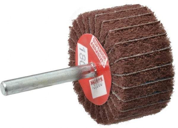 Superior Abrasives - 2" Diam x 1" Face Width, Very Fine Aluminum Oxide Coated Mounted Flap Wheel - 1/4" Shank Mount, 180 Grit, Interleaf, 12,000 Max RPM - Eagle Tool & Supply