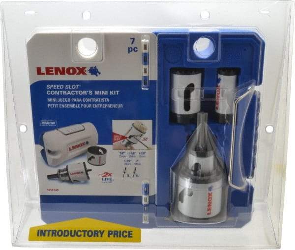 Lenox - 7 Piece, 7/8" to 2" Saw Diam, Contractor's Hole Saw Kit - Bi-Metal, Toothed Edge, Includes 5 Hole Saws - Eagle Tool & Supply