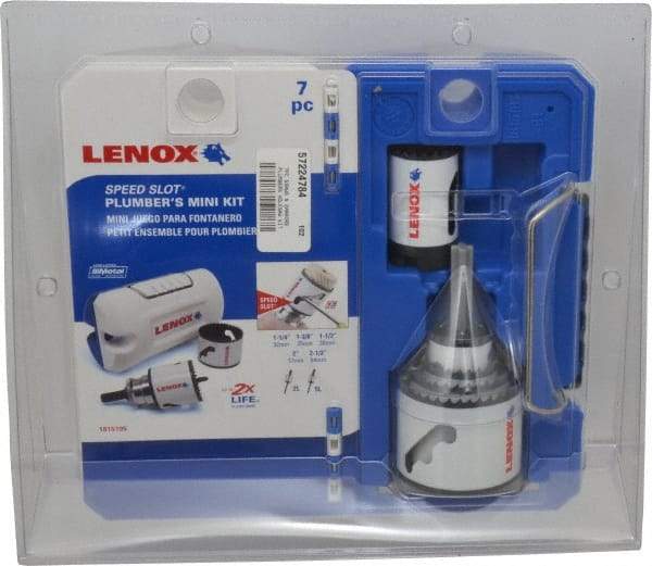 Lenox - 7 Piece, 1-1/4" to 2-1/2" Saw Diam, Plumber's Hole Saw Kit - Bi-Metal, Toothed Edge, Includes 5 Hole Saws - Eagle Tool & Supply