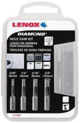 Lenox - 4 Piece, 3/16" to 3/8" Saw Diam, General Purpose Hole Saw Kit - Diamond Grit, Toothed Edge, Includes 4 Hole Saws - Eagle Tool & Supply