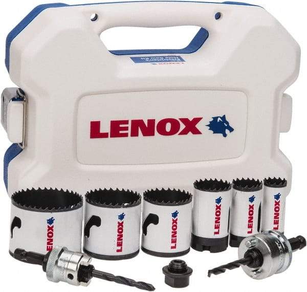 Lenox - 9 Piece, 7/8" to 2-1/4" Saw Diam, Electrician's Hole Saw Kit - Bi-Metal, Toothed Edge, Includes 6 Hole Saws - Eagle Tool & Supply