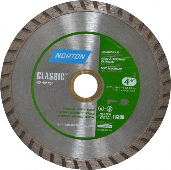 Norton - 4-1/2" Diam, 5/8 & 7/8" Arbor Hole Diam, Wet & Dry Cut Saw Blade - Diamond-Tipped, Standard Round Arbor - Eagle Tool & Supply