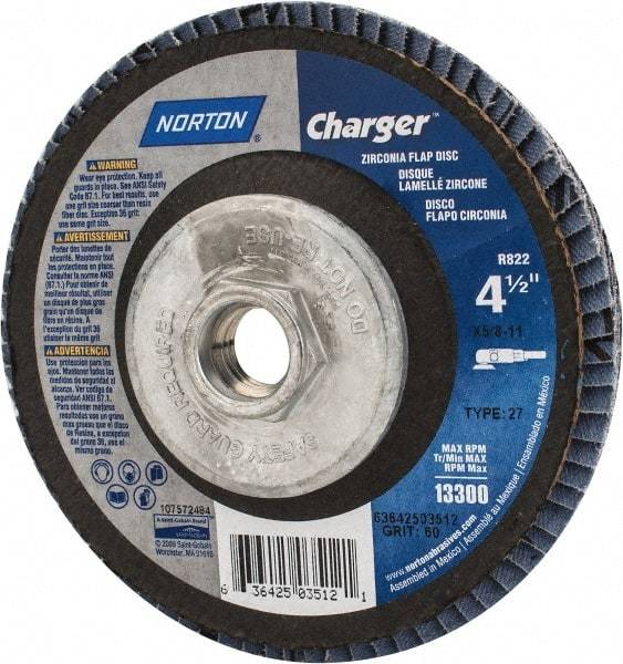 Norton - 60 Grit, 4-1/2" Disc Diam, 5/8-11 Center Hole, Type 27 Zirconia Alumina Flap Disc - 13,000 Max RPM, Fiberglass Backing, Arbor Attaching System, Coated - Eagle Tool & Supply