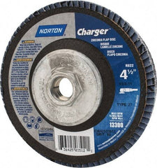 Norton - 60 Grit, 4-1/2" Disc Diam, 5/8-11 Center Hole, Type 27 Zirconia Alumina Flap Disc - 13,000 Max RPM, Fiberglass Backing, Arbor Attaching System, Coated - Eagle Tool & Supply