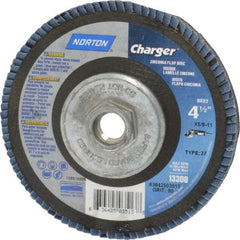 Norton - 80 Grit, 4-1/2" Disc Diam, 7/8" Center Hole, Type 27 Zirconia Alumina Flap Disc - 13,000 Max RPM, Fiberglass Backing, Arbor Attaching System, Coated - Eagle Tool & Supply