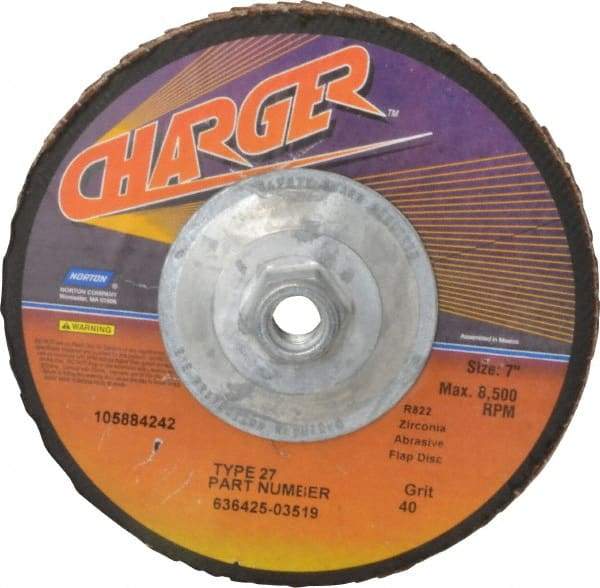 Norton - 40 Grit, 7" Disc Diam, 5/8-11 Center Hole, Type 27 Zirconia Alumina Flap Disc - 8,600 Max RPM, Fiberglass Backing, Coated - Eagle Tool & Supply