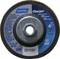 Norton - 60 Grit, 4-1/2" Disc Diam, 5/8-11 Center Hole, Type 29 Zirconia Alumina Flap Disc - 13,000 Max RPM, Fiberglass Backing, Arbor Attaching System, Coated - Eagle Tool & Supply