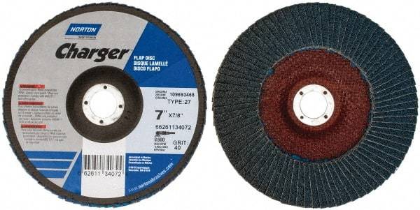 Norton - 40 Grit, 7" Disc Diam, 7/8" Center Hole, Type 27 Zirconia Alumina Flap Disc - 8,600 Max RPM, Fiberglass Backing, Coated - Eagle Tool & Supply