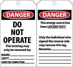 NMC - 3" High x 6" Long, DANGER - DO NOT OPERATE - THIS LOCK/TAG MAY ONLY BE REMOVED BY: NAME___ DEPT___ EXPECTED COMPLETION___, English Safety & Facility Lockout Tag - Tag Header: Danger, 2 Sides, Black, Red & White Unrippable Vinyl - Eagle Tool & Supply