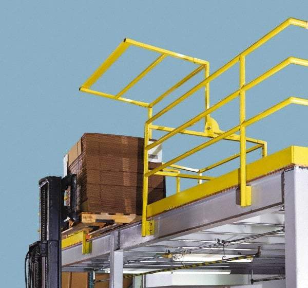 FabEnCo - Powder Coated Carbon Steel Rail Safety Gate - Fits 113W x 42H" Clear Opening, 1-1/2" Wide x 80" Door Height, 244 Lb, Yellow - Eagle Tool & Supply